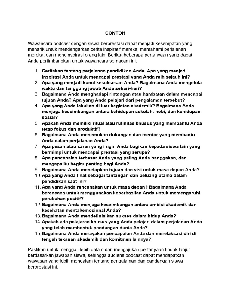Pertanyaan Wawancara Podcast Siswa Berprestasi | PDF
