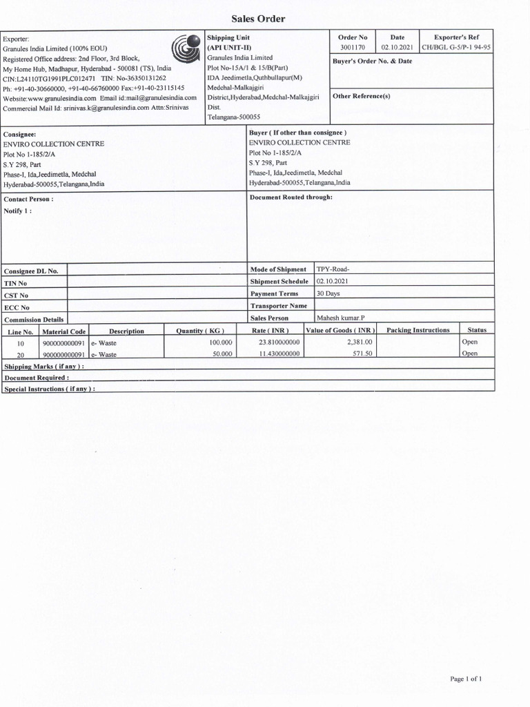 Enviro Collection Scrap Sale Order | PDF