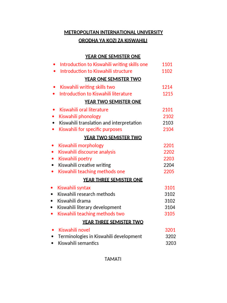 Kiswahili Course Units | PDF