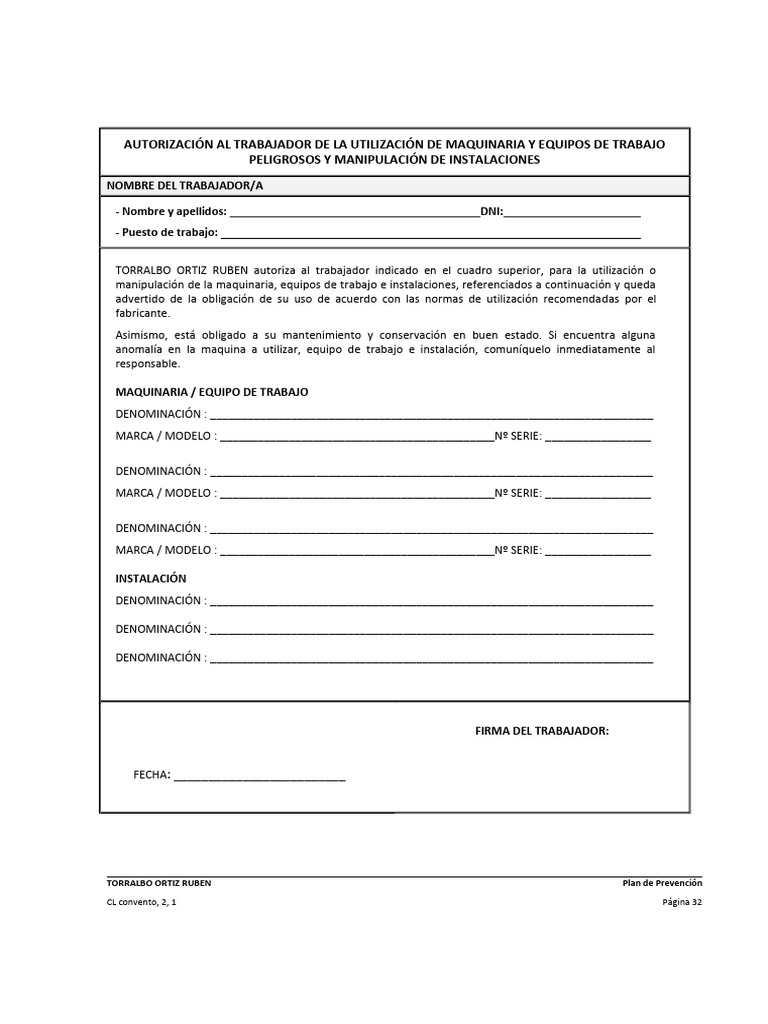 Autorización Uso Maquinaria. | PDF