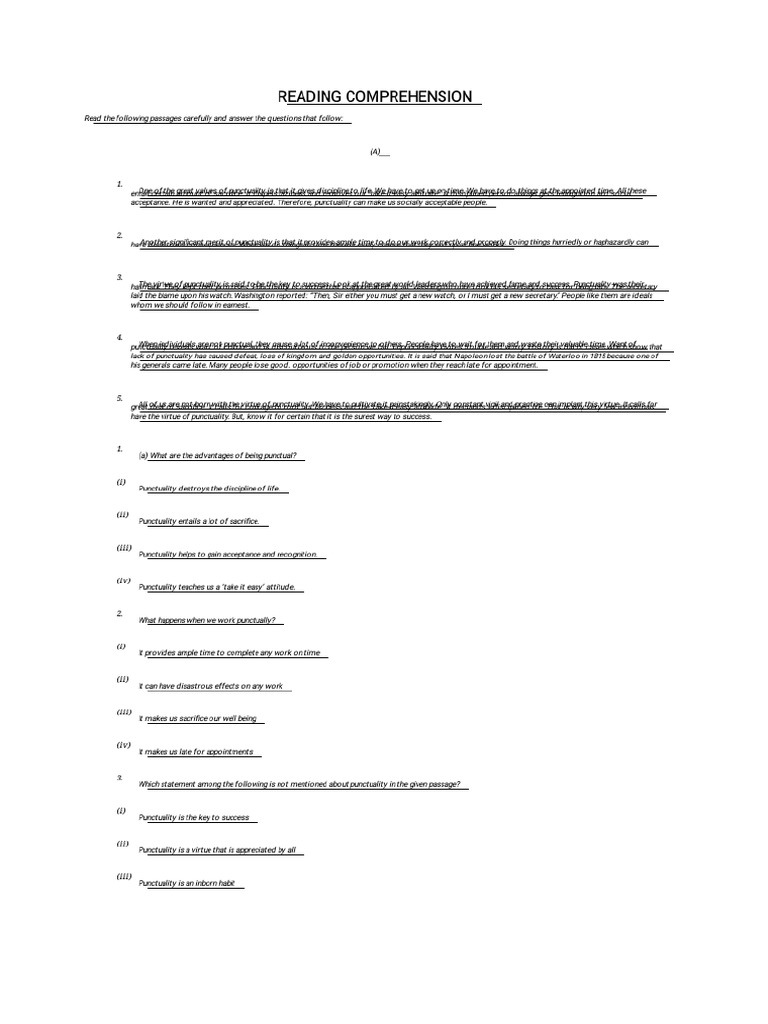 Reading comprehension mcq based passages pdf