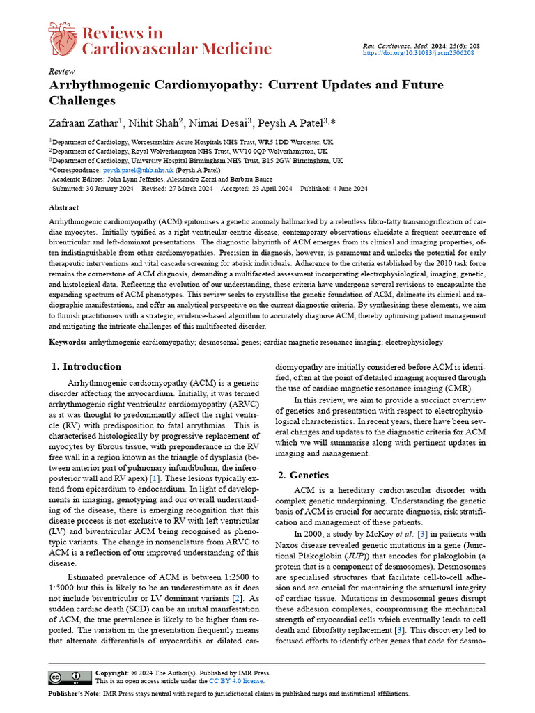 Arrhythmogenic Cardiomyopathy: Current Updates and Future Challenges | PDF