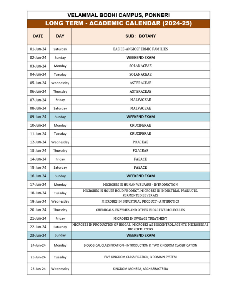 Longterm Botany Academic Calender - 2024-2025 (Day Schools) | PDF
