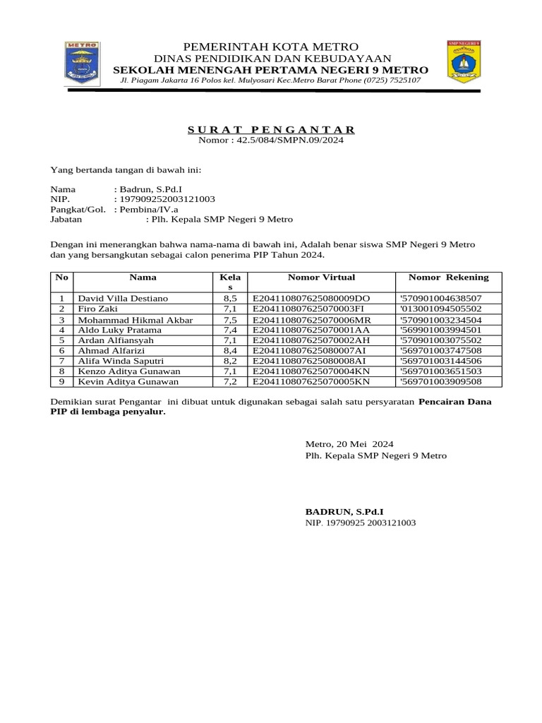 Surat Aktivasi Rekening Pip Pdf
