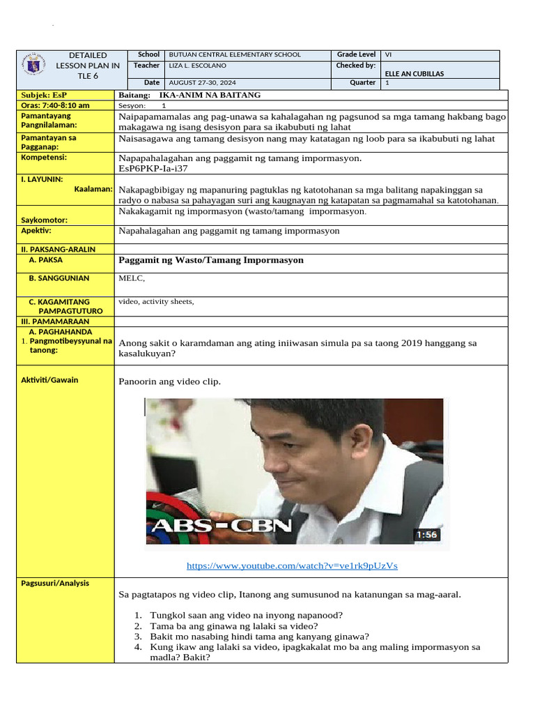 Esp6 Lesson Plan Q1 W5 Pdf