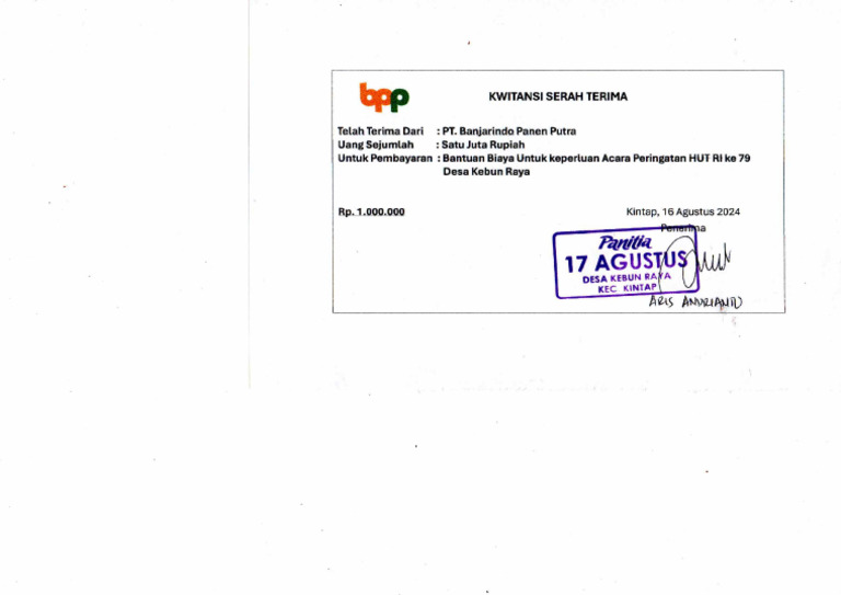 Kwitansi Bantuan Biaya Acara HUT RI Desan Kebun Raya | PDF