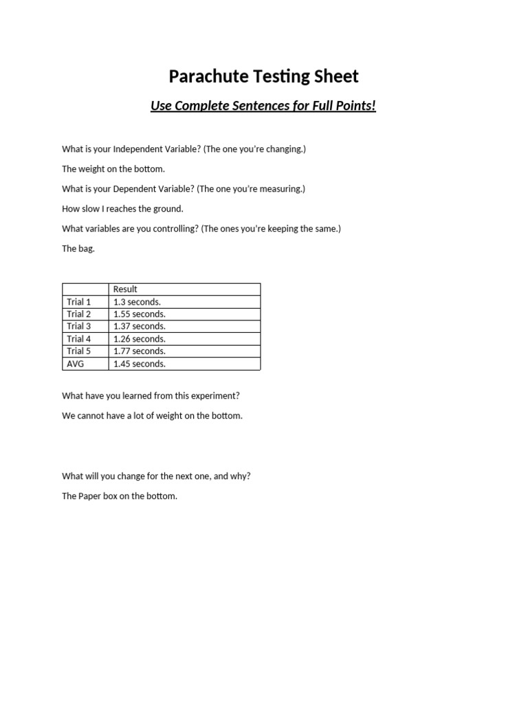 Parachute Iteration Testing Sheet | PDF