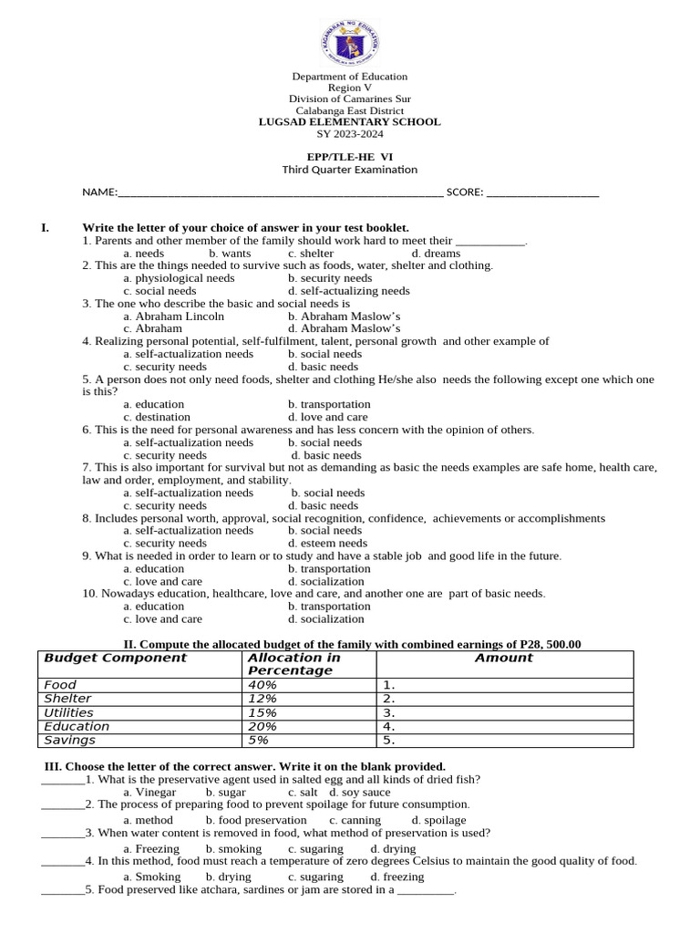 EPP 6 3rd Exam | PDF