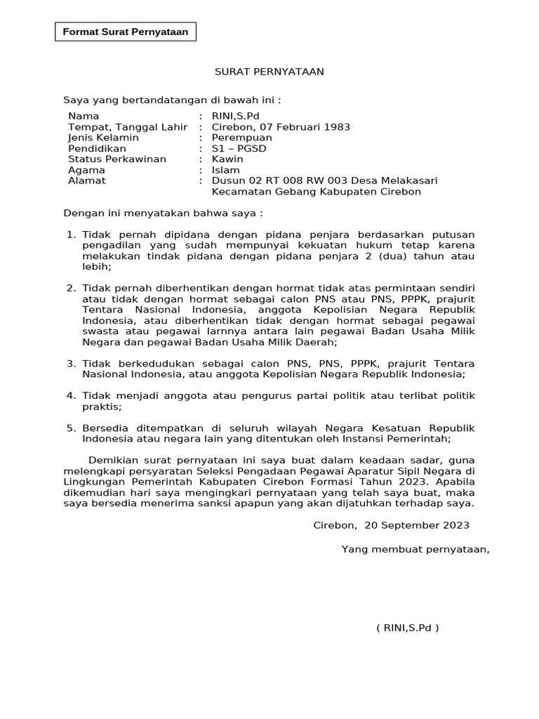Surat pernyataan casn 2023 rini pdf
