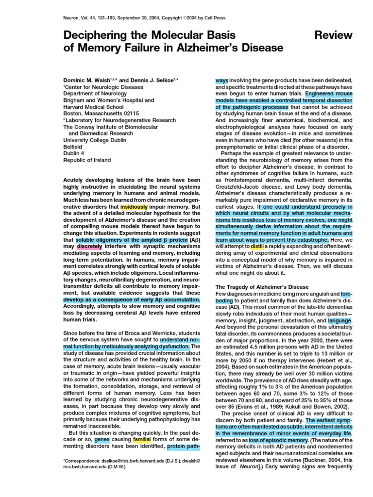 Deciphering The Molecular Basis of Memory Failure in Alzheimer's ...