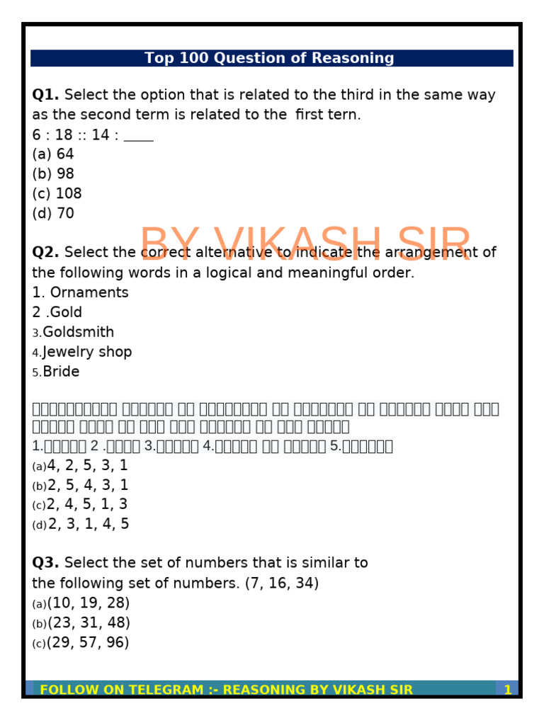 Top 100 Question of Reasoning | PDF