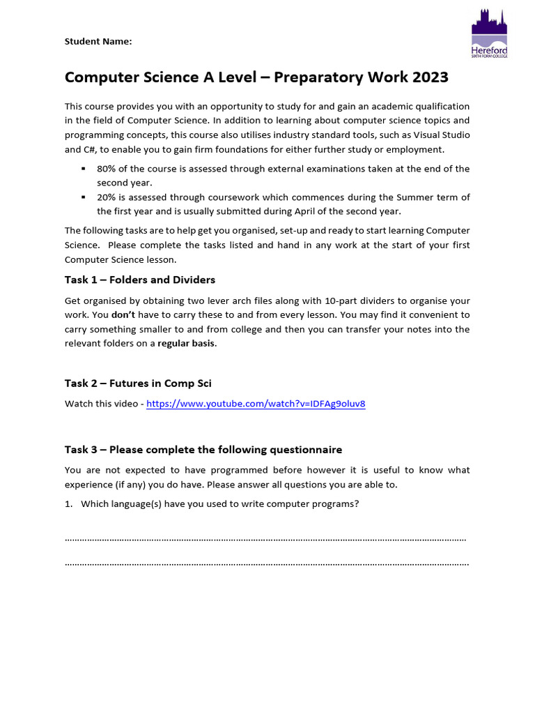 ComputerScienceALevel PreparatoryWork2023 | PDF