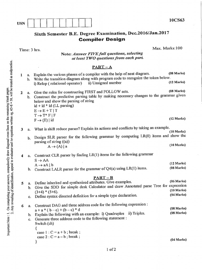 VTU Question Paper of 10CS63 Compiler Design (VI Sem B.E.) December ...