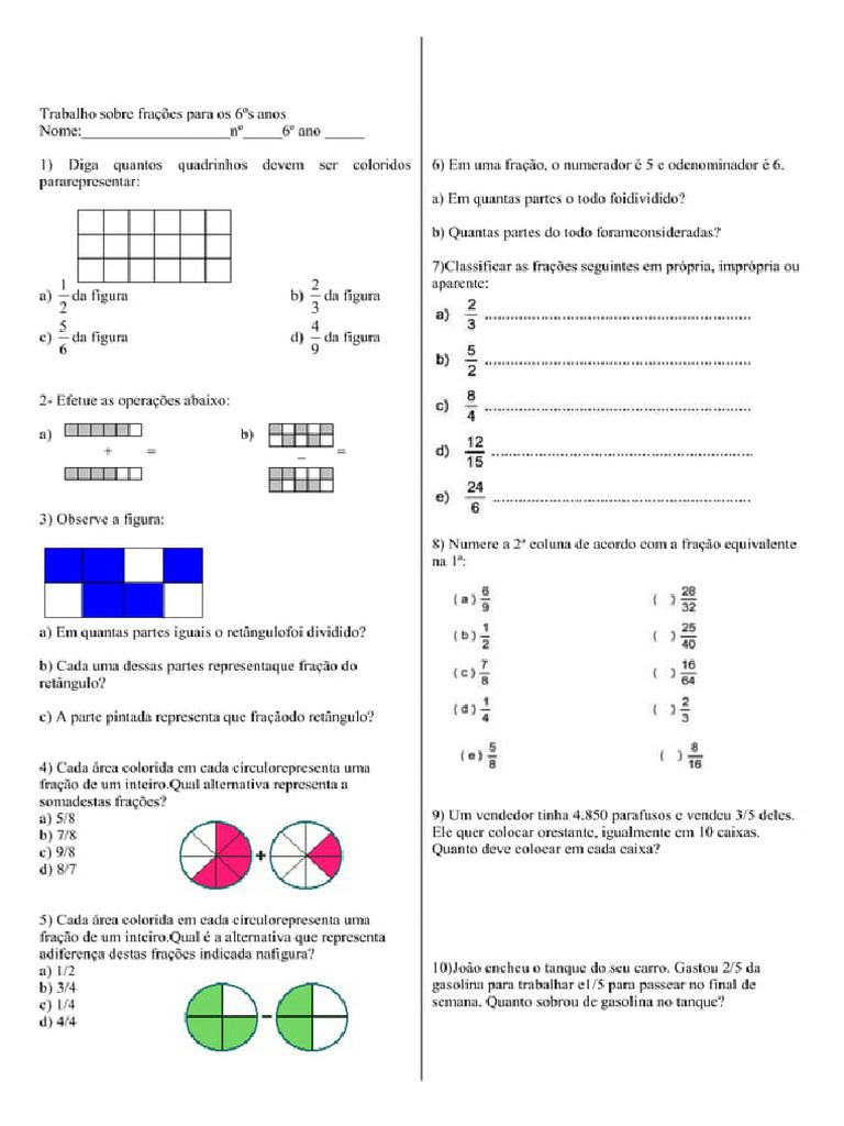 Atividade Fração 6 Ano | PDF