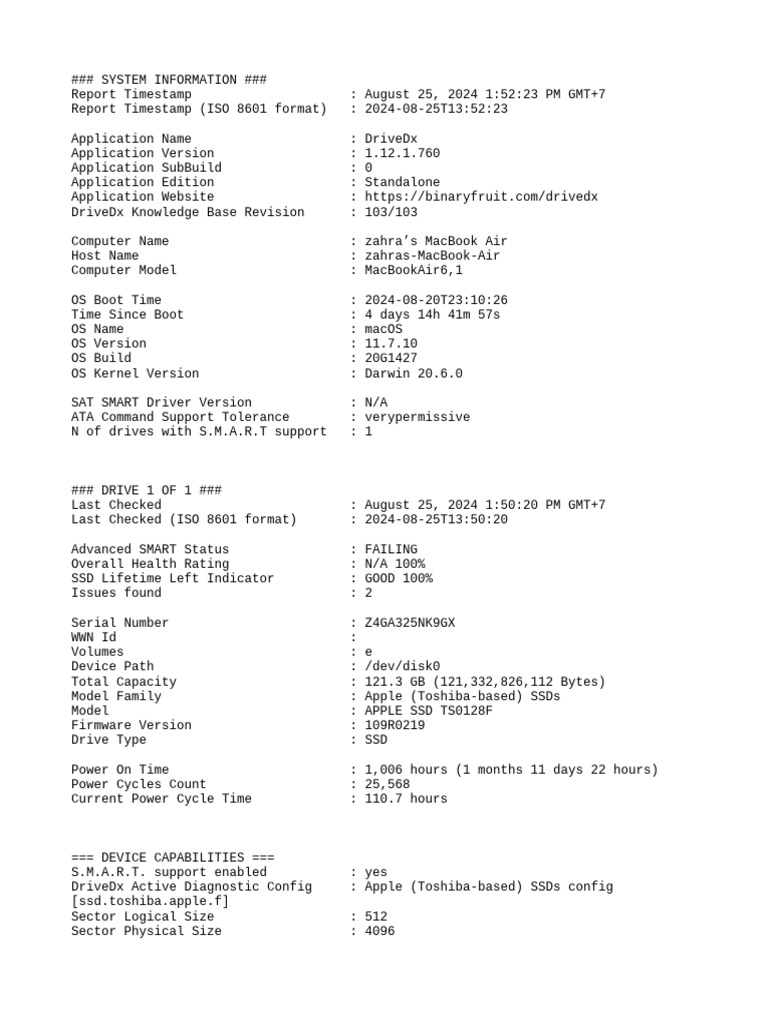 DriveDxReport - APPLE SSD TS0128F - 2024-08-25 - 13-52-15-711 | PDF ...