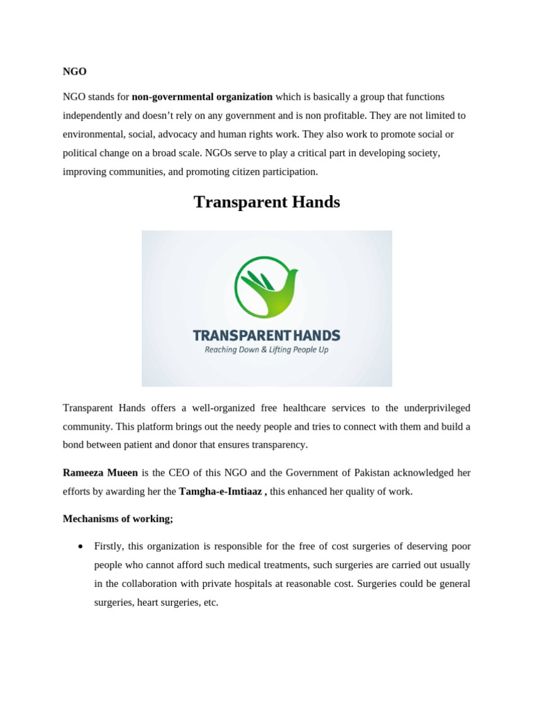 NGO - Transparent Hands | PDF