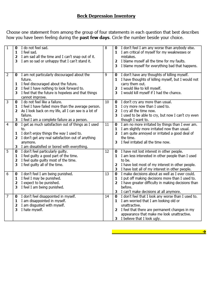 Beck Depression Inventory Scoring Guide | PDF | Major Depressive ...