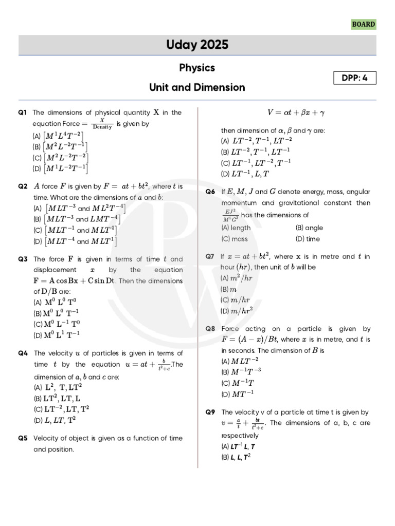 Units and Dimension DPP 04 Uday 2025 | PDF