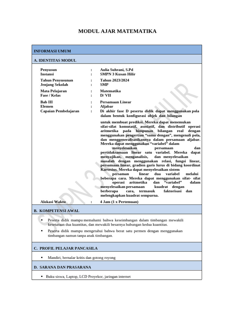 Modul Ajar Matematika Kelas 7 Bab 3 Fase D | PDF