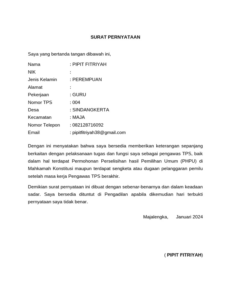 Surat Pernyataan Ptps Pdf