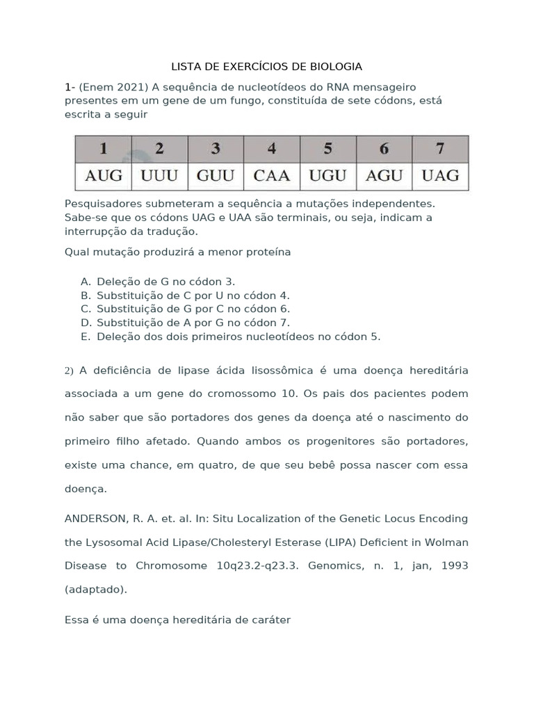 Exercícios de Biologia para ENEM e Genética | PDF | Célula (Biologia ...