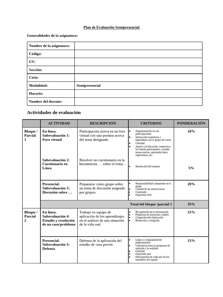 Formato de Plan de Evaluación Semipresencial | PDF