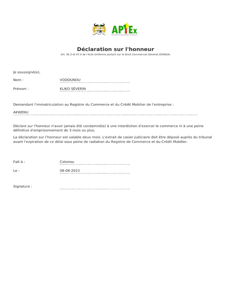 Declaration Honneur | PDF