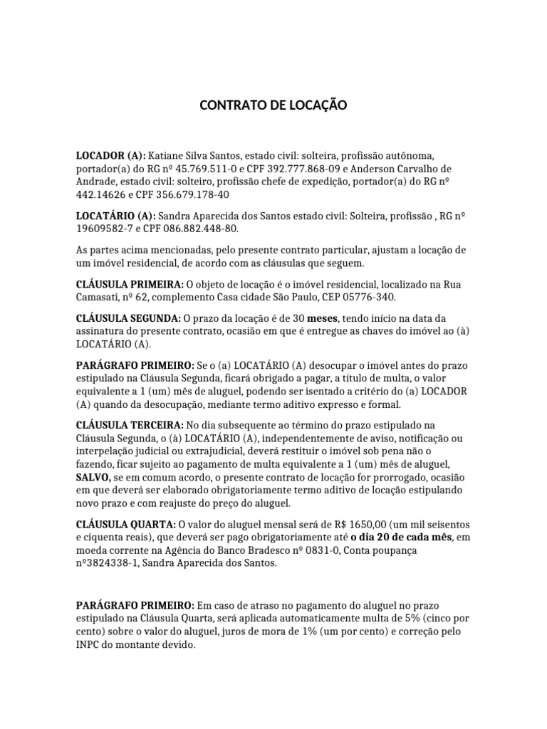 Modelo de Contrato de Aluguel Simples Word para Preencher Atualizado | PDF