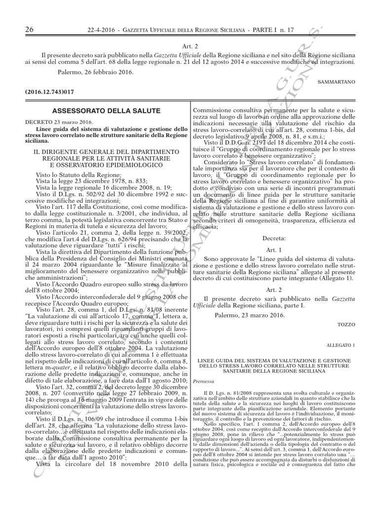 Linee Guida Valutazione Rischio Stress | PDF