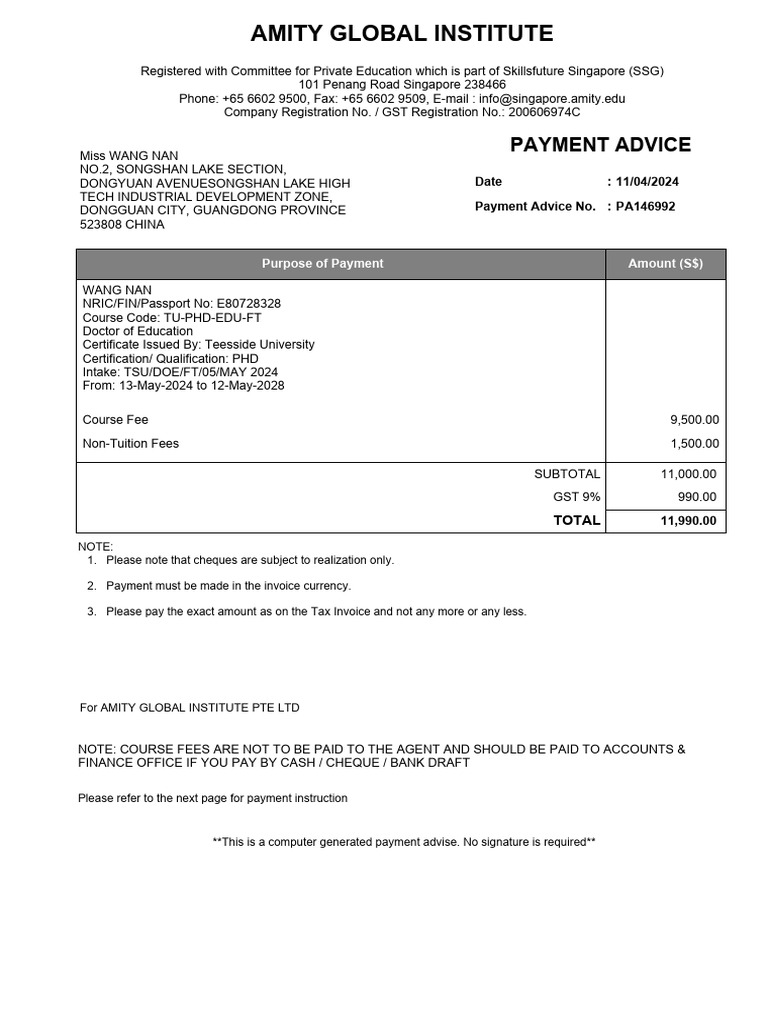 Amity Global Institute Payment Advice | PDF | Payments | Business
