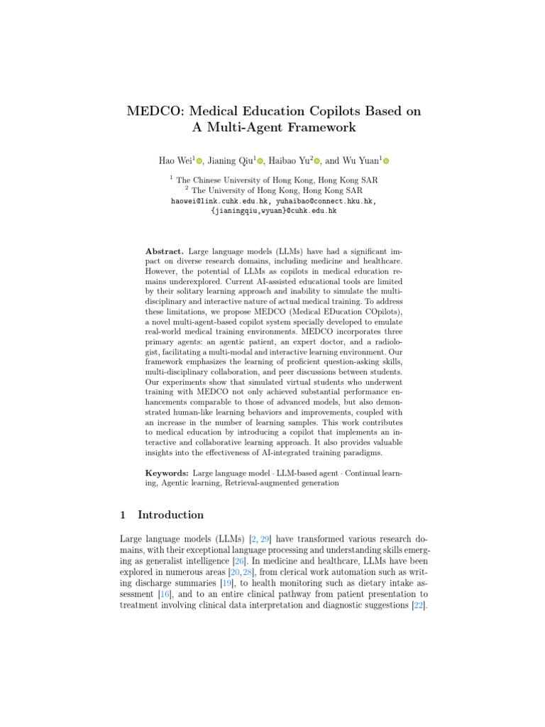 MEDCO: Medical Education Copilots Based On A Multi-Agent Framework | PDF