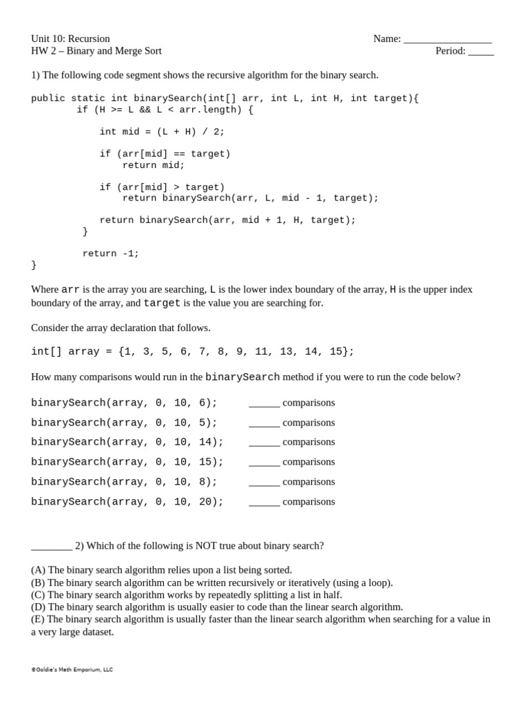 HW 3 - Binary Search and Merge Sort | PDF