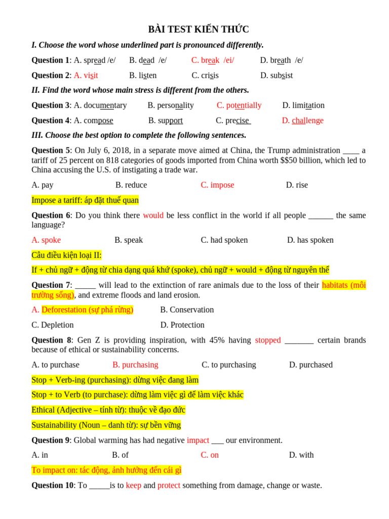 Đáp Án Bài Test 1 | PDF
