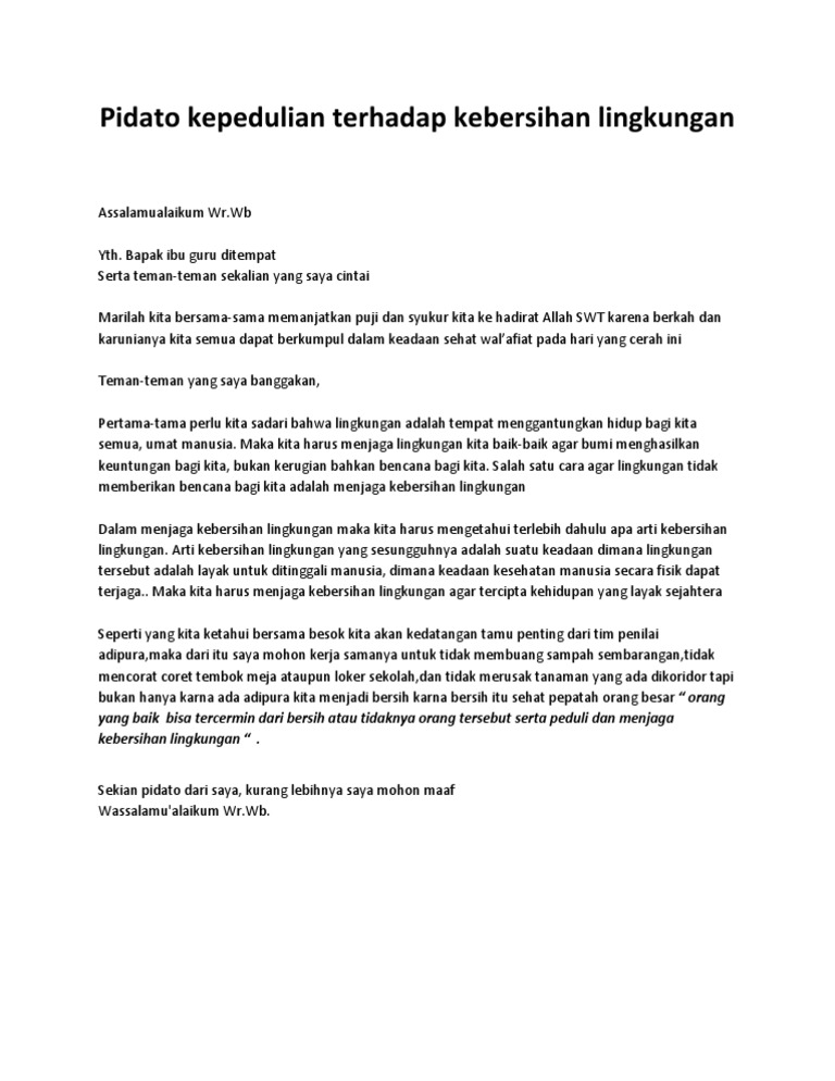 Pidato Kepedulian Terhadap Kebersihan Lingkungan Pdf