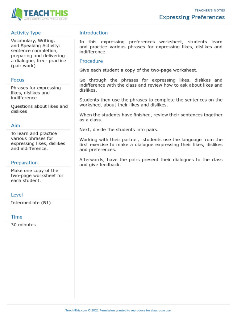 Expressing Preferences Worksheet PDF