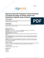 Relevance Index (RI) : Proposal of A Novel Parameter To Evaluate The Impact of Scholar Articles and Scientists For Specific Areas of Science