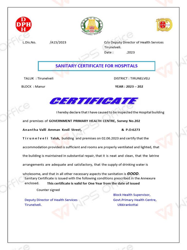 GANGAIKONDAN Sanitary Certificate | PDF
