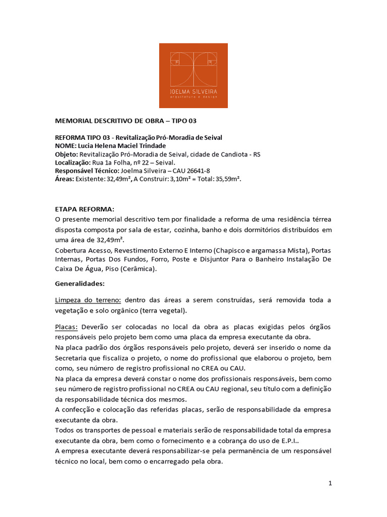 Memorial Descritivo Reforma Seival | PDF | Argamassa (alvenaria) | Casa ...