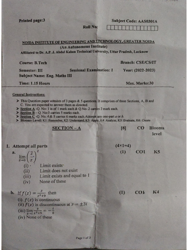 Mathematics Sessional Pepper | PDF
