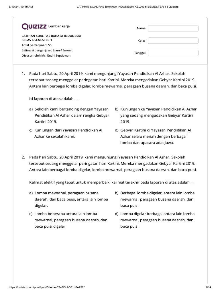 Latihan Soal Pas Bahasa Indonesia Kelas 6 Semester 1 Quizizz 19