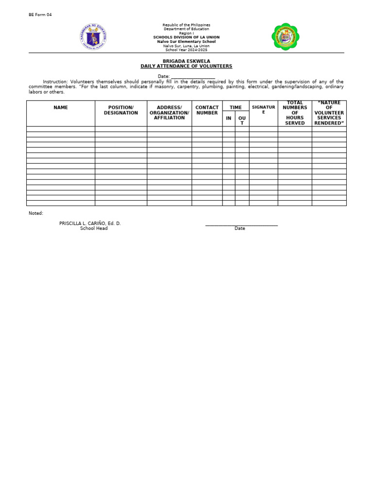 Be form 4 daily attendance of volunteers 1 pdf