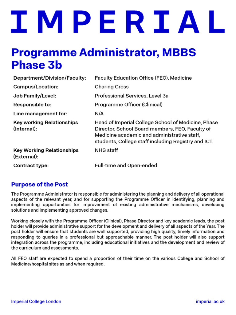 Programme Administrator MBBS, Phase 3b Job Description | PDF