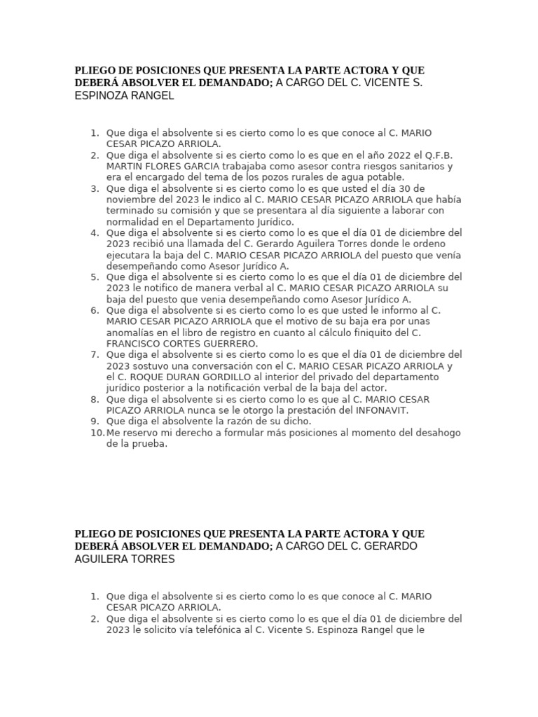 Pliego de Posiciones Que Presenta La Parte Actora y Que Deberá Absolver ...