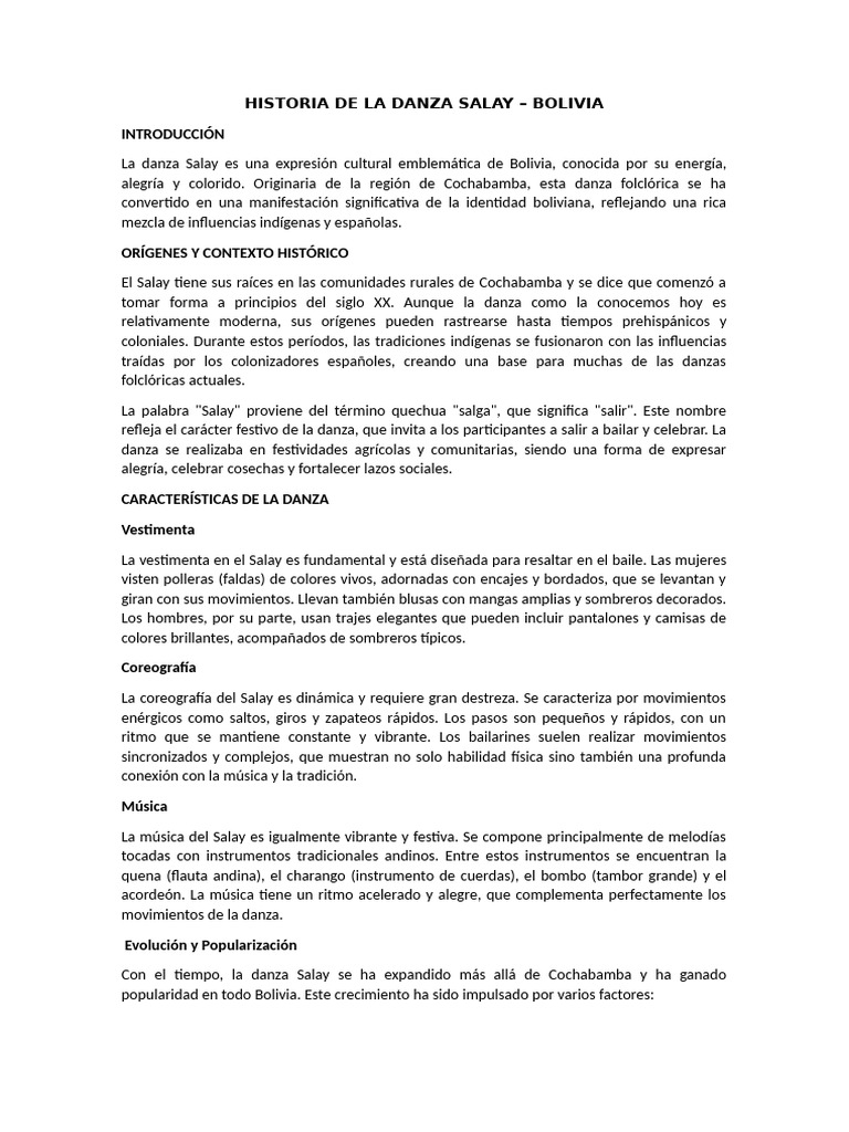 Historia y vestimenta de la danza Salay | PDF | Bailes | Bolivia