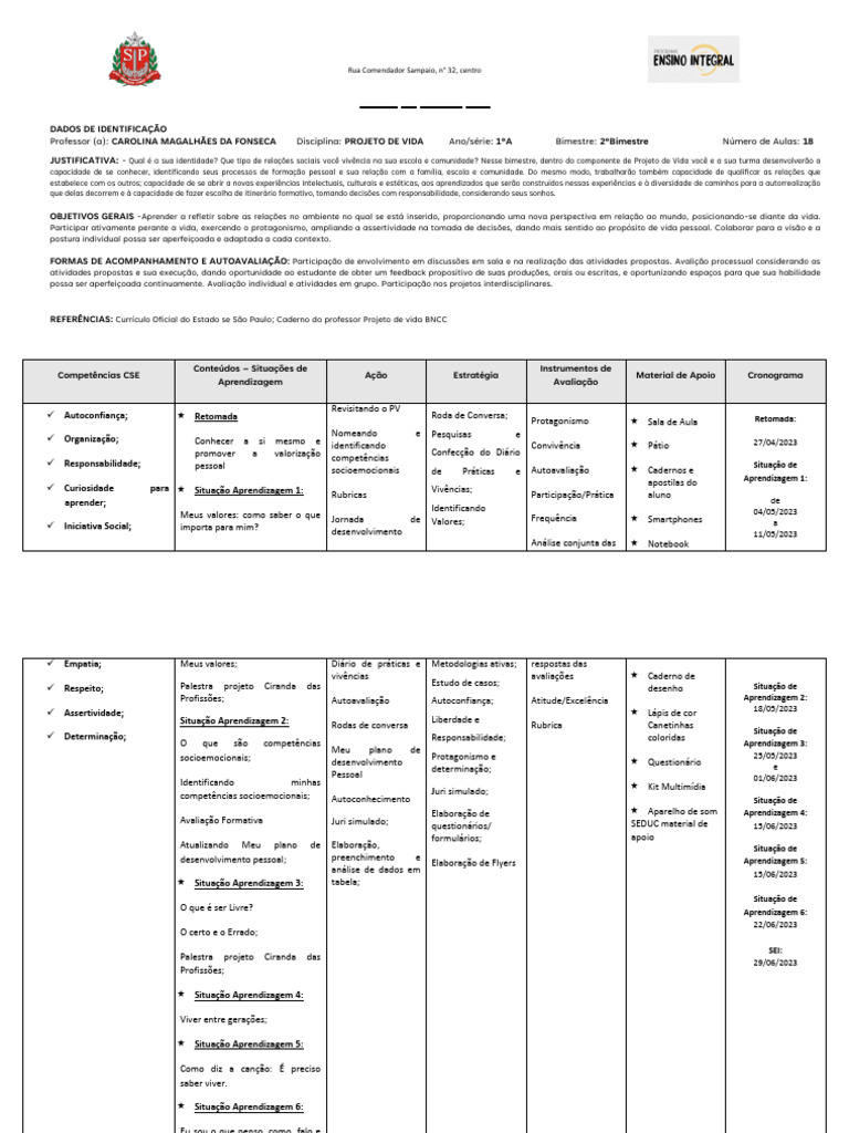 Plano de Ensino: Projeto de Vida 2023 | PDF | Aprendizado