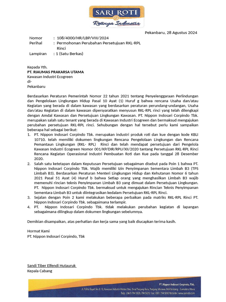 Surat Perubahan Persetujuan RKL-RPL Rinci | PDF