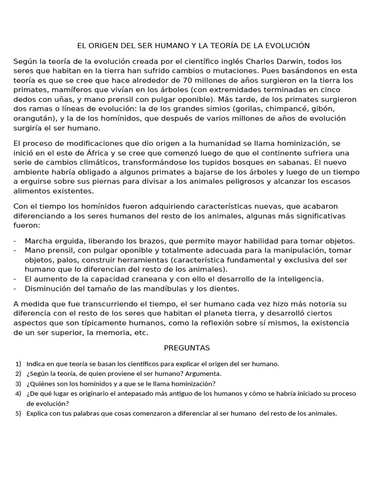 El Origen Del Ser Humano y La Teoria de La Evolucion | PDF | Humano ...