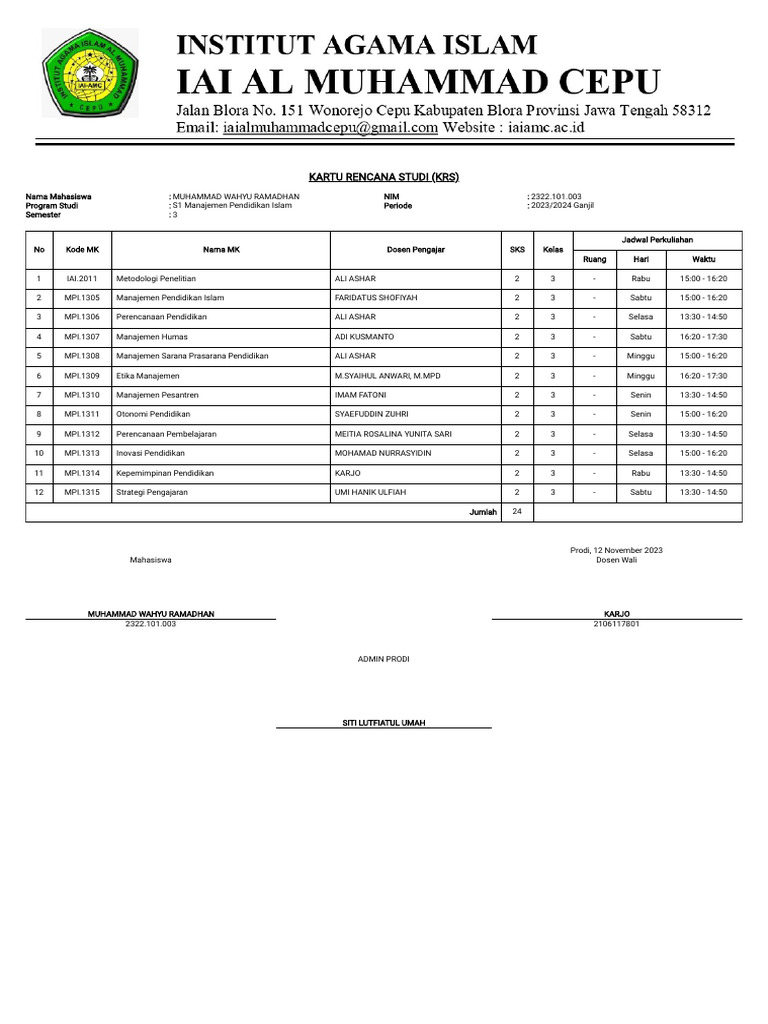 Kartu Rencana Studi S1 Manajemen Pendidikan | PDF
