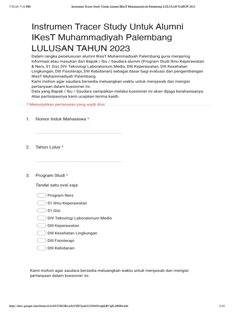 PDF Instrumen Tracer Study Alumni Lulusan 2023 NEW - Google Formulir | PDF