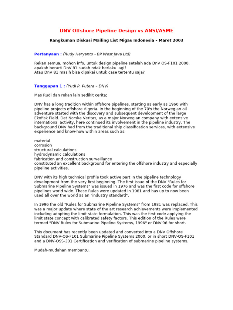 DNV Offshore Pipeline Design Vs ANSI | PDF